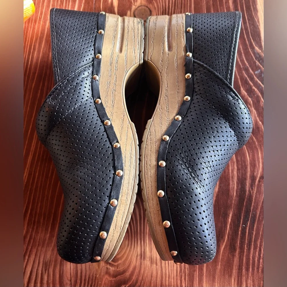 Dansko Black Perforated Clogs with Tan Sole - Picture 5 of 14